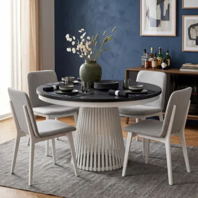 Трапезна маса GARDA кръгла разтегателна плот черно/крак бяло – снимка 3