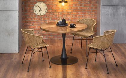 Кръгла трапезна маса CARMELO – орех и черно, Ø100 см, стабилна метална основа и изчистен дизайн за уютна трапезария