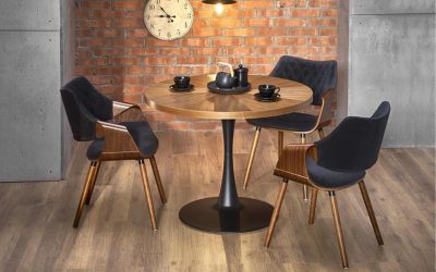 Кръгла трапезна маса CARMELO – орех и черно, Ø100 см, стабилна метална основа и изчистен дизайн за уютна трапезария