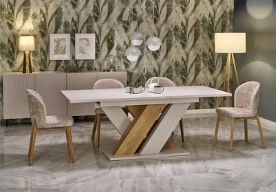 Разтегателна трапезна маса BRANDON – кашмир и дъб кремона с механизъм 160–200 см, практичен дизайн и стилна визия за трапезария или кухня