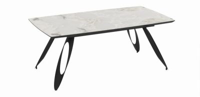 Разтегателна трапезна маса MERKUR – бежов мрамор и черно, с механизъм от 190 см до 250 см, стилен дизайн и здрава конструкция за модерна трапезария